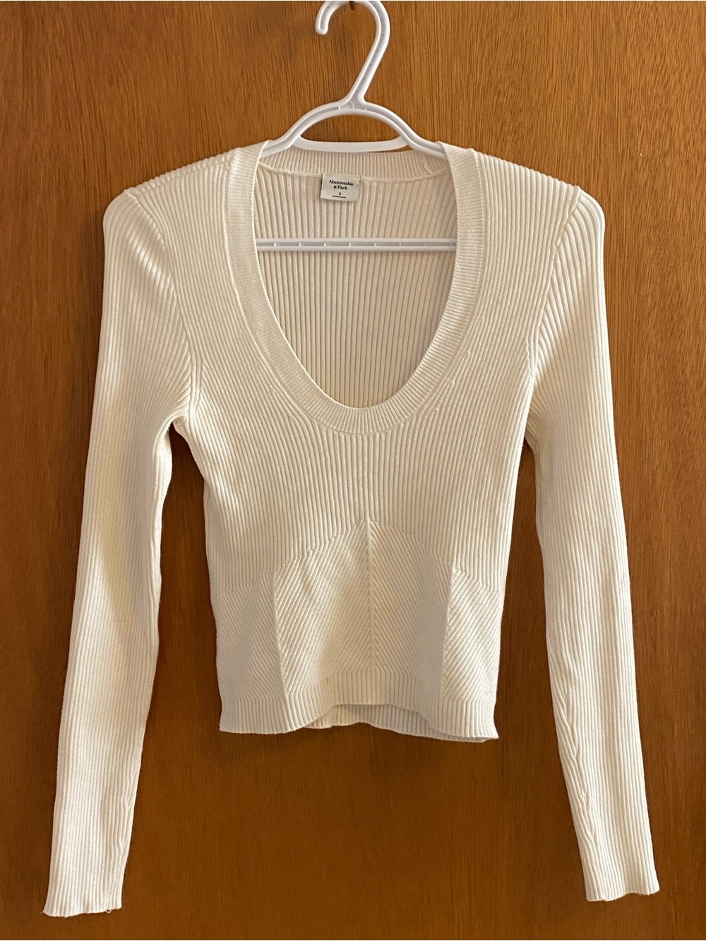 Ribbed Scoop Neck Long Sleeve Top - Cream